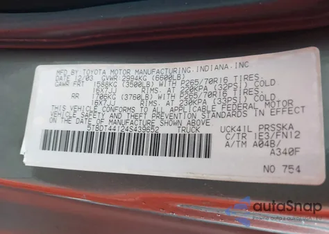 2004 Toyota Tundra Sr5 V8 z USA, uszkodzony, nr VIN 5TBDT44124S439652